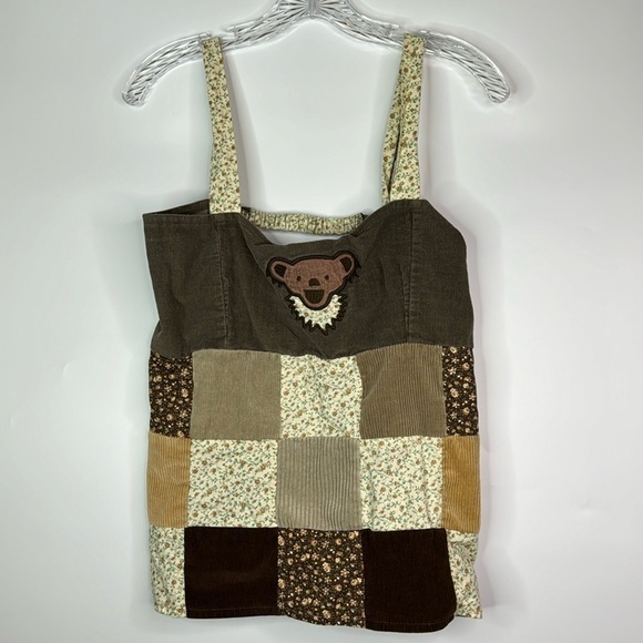 Gypsy Rose Festival Patchwork Grateful Dead Bear Brown Apron Top - Picture 1 of 9